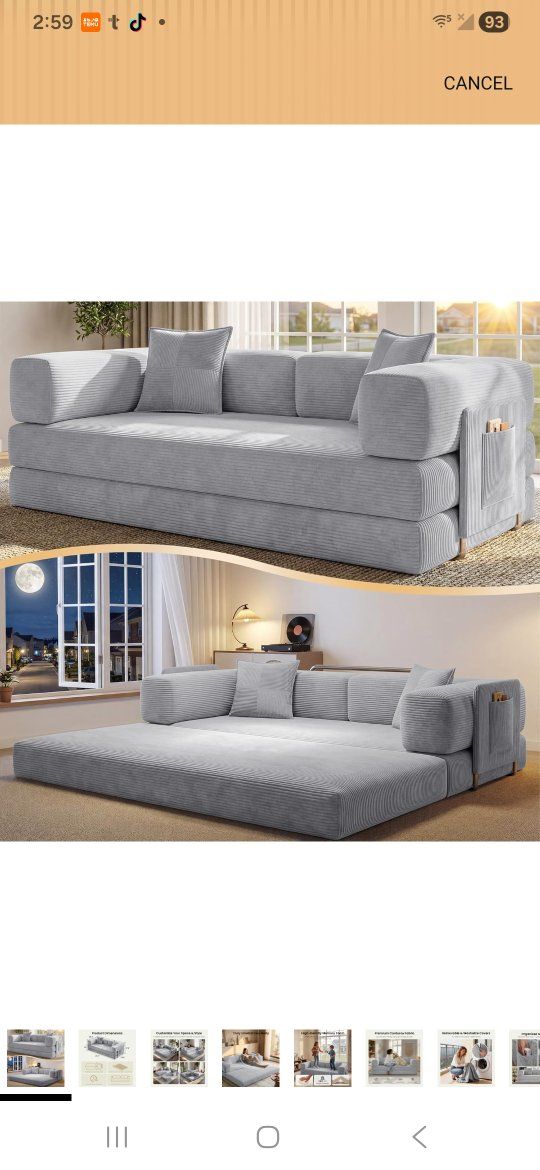 78.8" Convertible Futon Sofa Bed,Corduroy Futon Couch with Storage Pocket,Folding Pull Out Sofa,No Assembly Boneless Couch gray