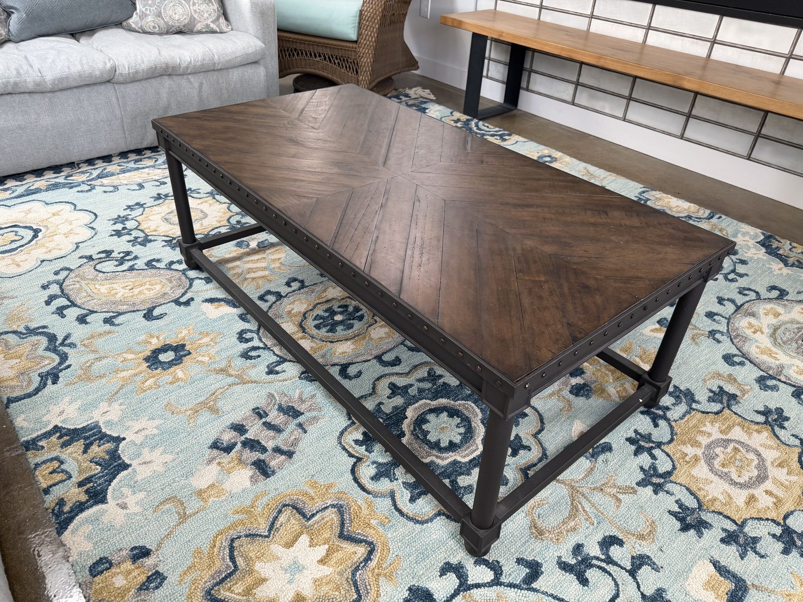 Industrial Wood and Metal Coffee Table with Rivet Detail