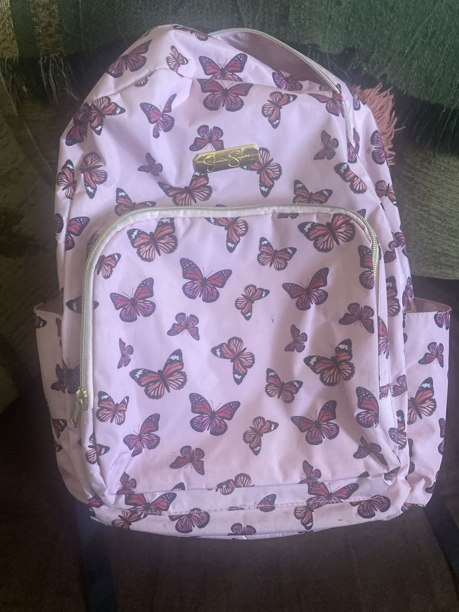 Jessica Simpson Pink Butterfly Print Backpack with Gold Accents - Girls/Women's Daypack