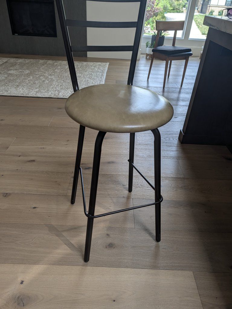 2 Modern Black Metal Frame Bar Stools with Tan Faux Leather Swivel Seats - 29" Seat Height