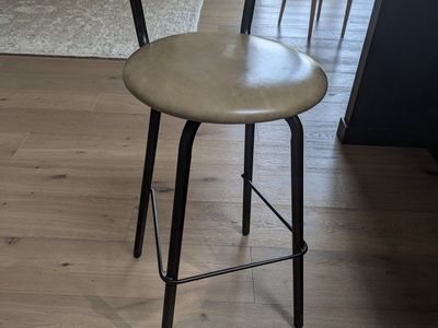 2 Modern Black Metal Frame Bar Stools with Tan Faux Leather Swivel Seats - 29" Seat Height
