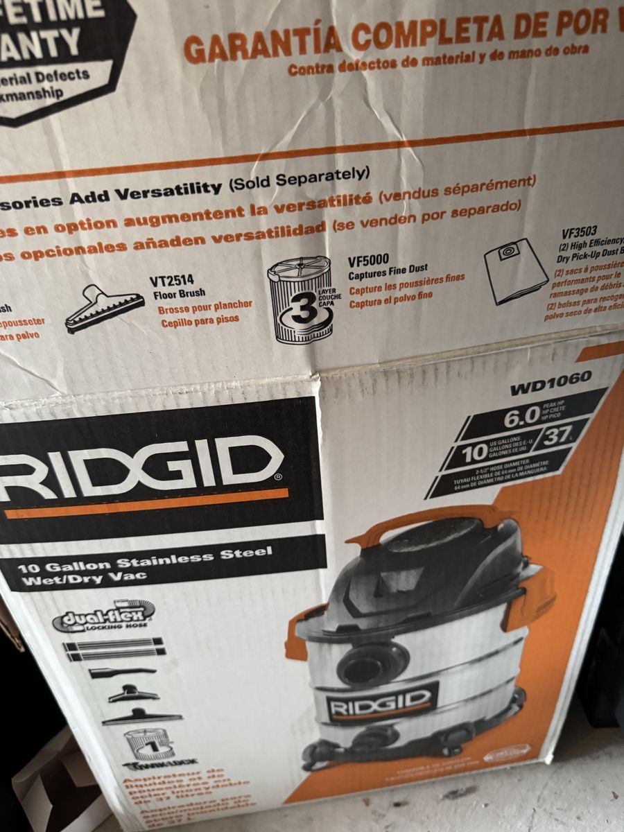 RIDGID WD1060 10-Gallon 6.0 Peak HP Stainless Steel Wet/Dry Shop Vacuum with Dual-Flex Hose