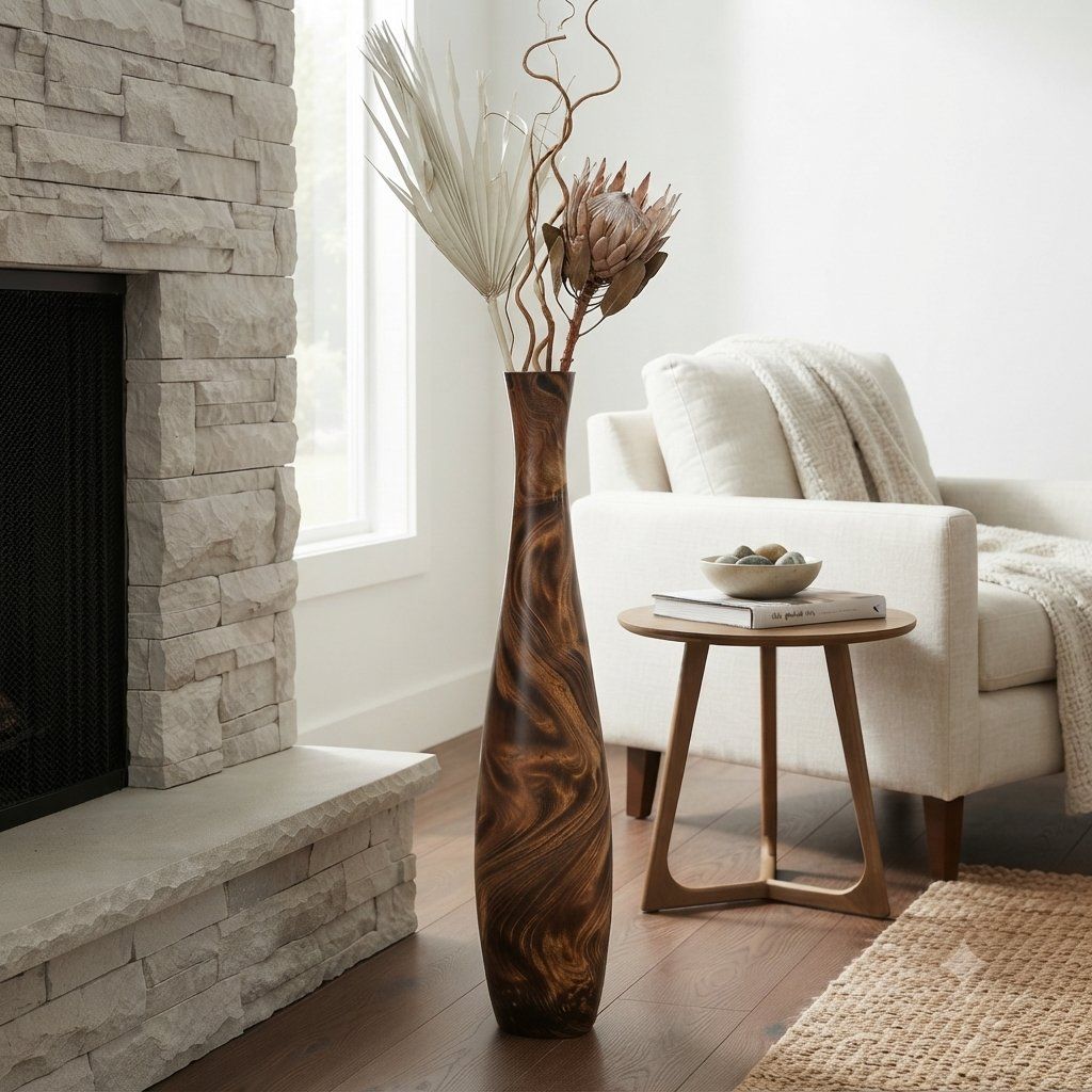 Sculptural 35" Wood Floor Vase