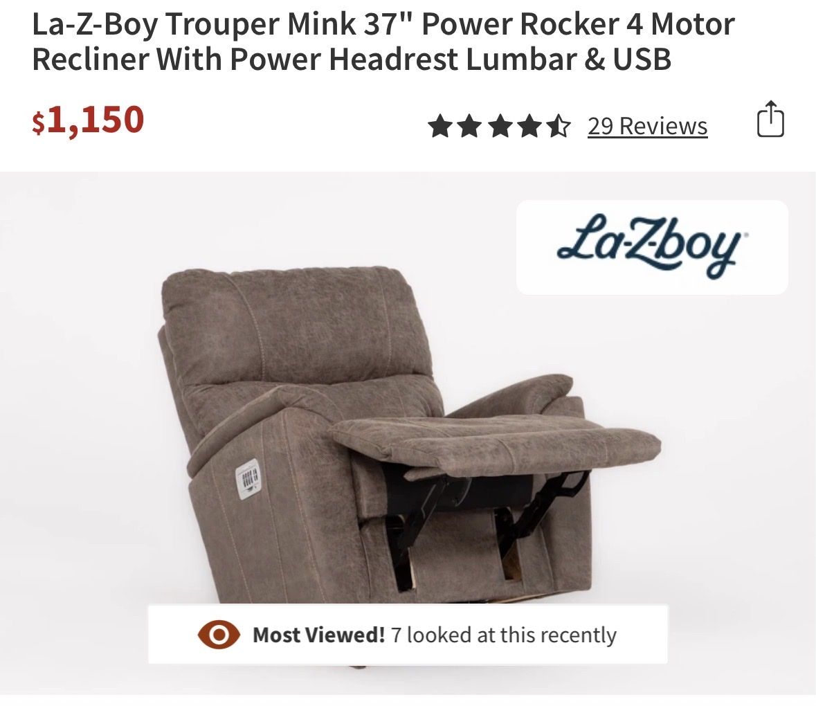 La-Z-Boy Trouper Mink 37" Power Rocker 4-Motor Recliner w/ Power Headrest, Lumbar & USB