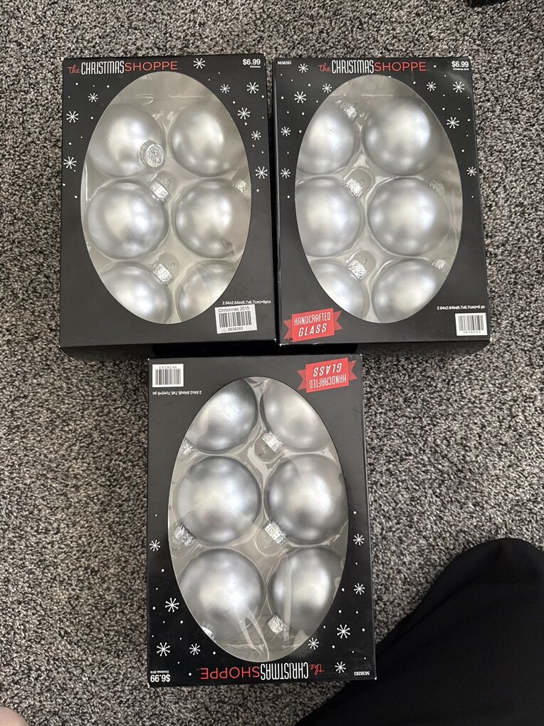 Silver Glass Christmas Ornaments 3 Boxes 6 In Each