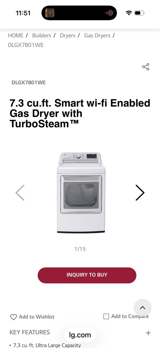 LG DLGX7801WE 7.3 cu.ft. Smart Wi-Fi Enabled Gas Dryer with TurboSteam - White
