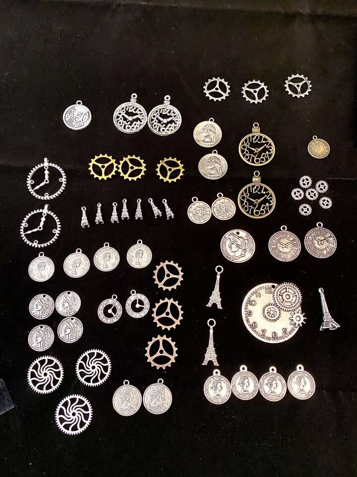 NEW! 60 pc Steam Punk Gears Coins Clocks Charms - Bee On Time Necklace - Steam Punk Bracelet & MORE - C PIX