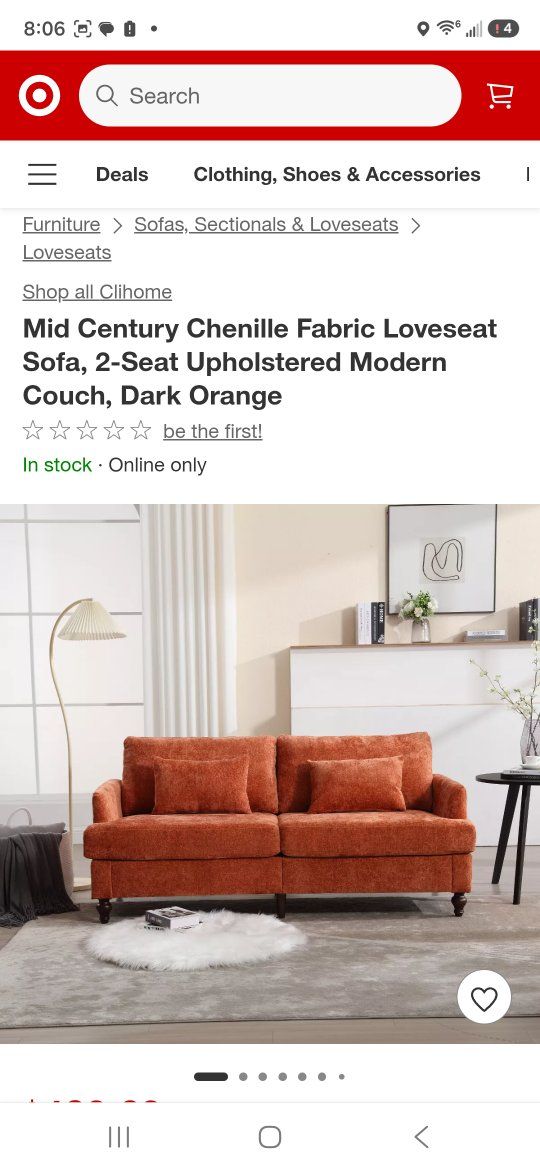 Mid-Century Modern 2-Seat Loveseat Sofa in Dark Orange
