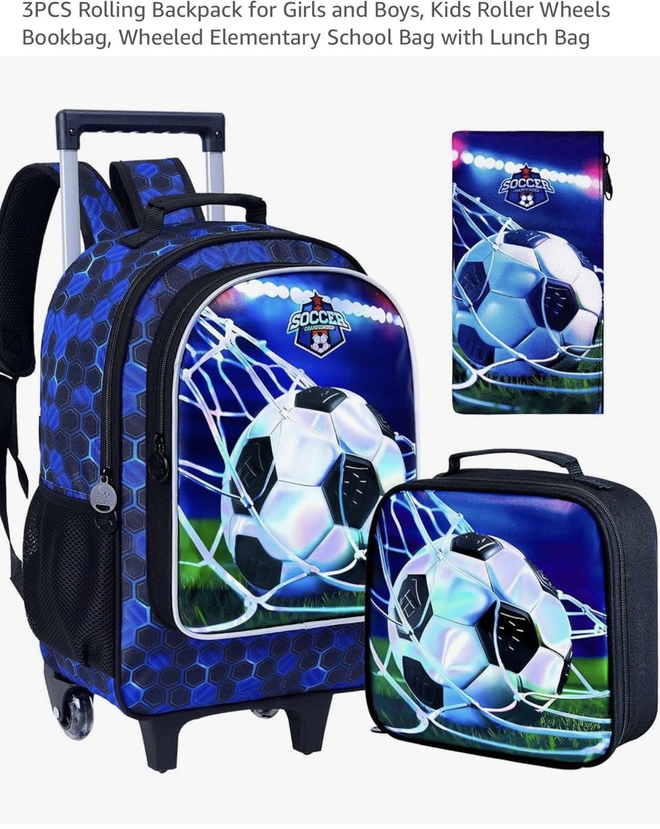 Soccer-themed 3PCS Rolling Backpack Set for Kids - Wheeled Bookbag, Lunch Bag & Pencil Case