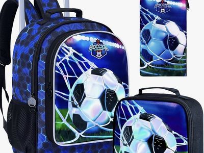 Soccer-themed 3PCS Rolling Backpack Set for Kids - Wheeled Bookbag, Lunch Bag & Pencil Case