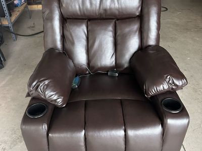 Comfortable Brown Faux Leather Recliner w/ Cupholders - Massage & Heat Function