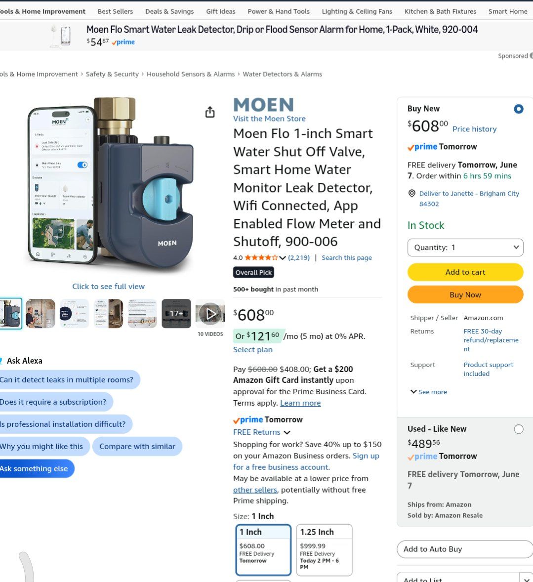 New Moen Flo 1in Automatic Water Leak Shut Off Valve