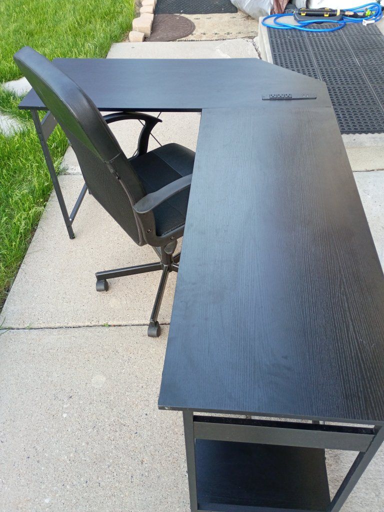 Black L-Shaped Desk with Built-in Power Outlets & USB Ports, Includes Office Chair