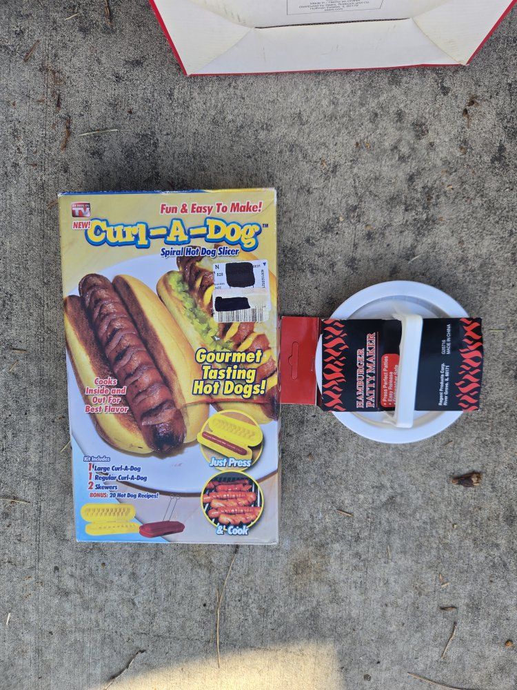 Curl-A-Dog Spiral Hot Dog Slicer & Hamburger Patty Maker Kit - New w/ 20 Hot Dog Recipes