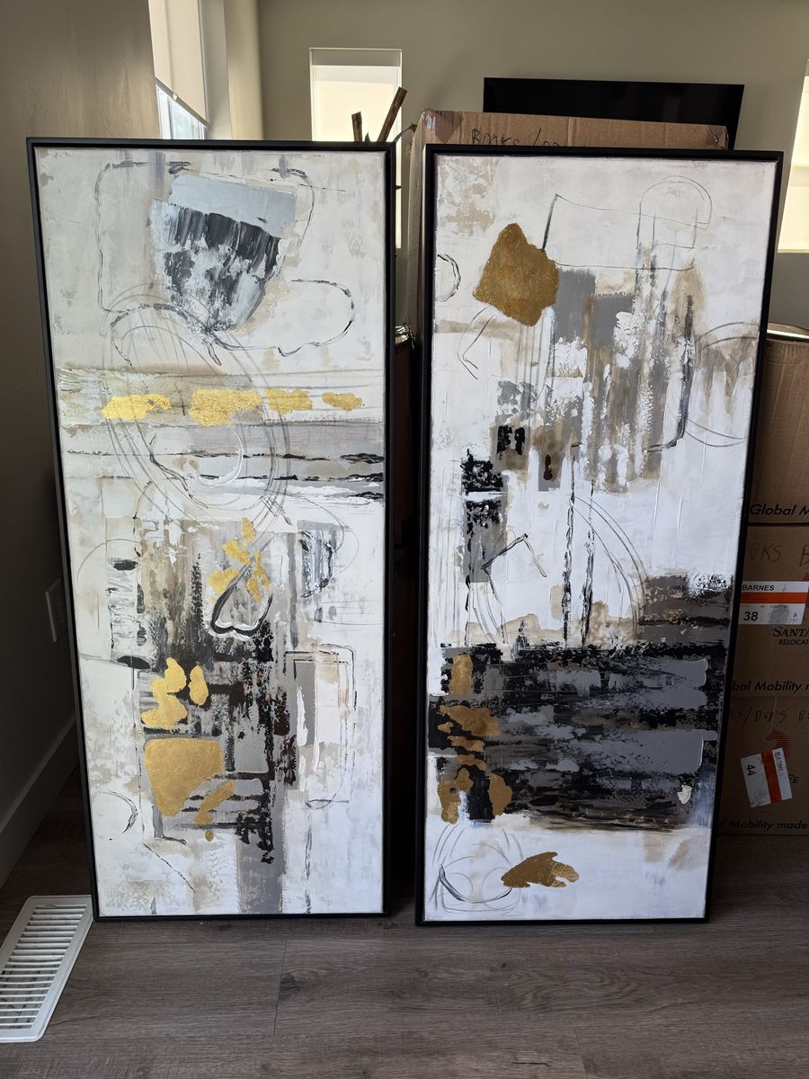 Set of 2 Large Abstract Gold and Black Framed Canvas Art Pieces