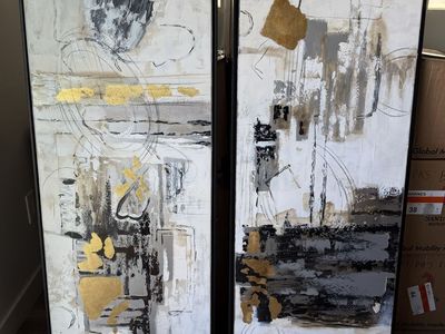 Set of 2 Large Abstract Gold and Black Framed Canvas Art Pieces