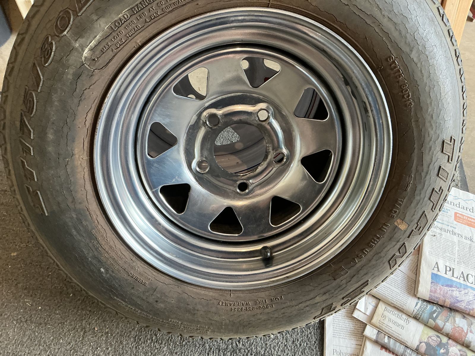 5 Trailer Tires with Rims - 13 in. - Chrome and White Spoke Wheels new