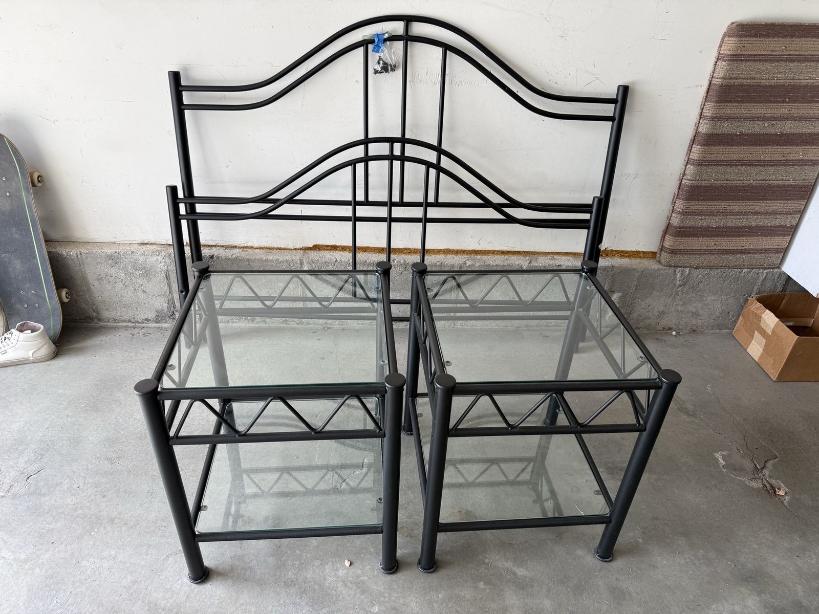 Black Metal Headboard and Matching Glass Top Nightstands Set