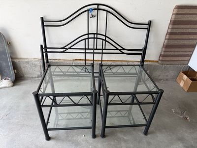 Black Metal Headboard and Matching Glass Top Nightstands Set