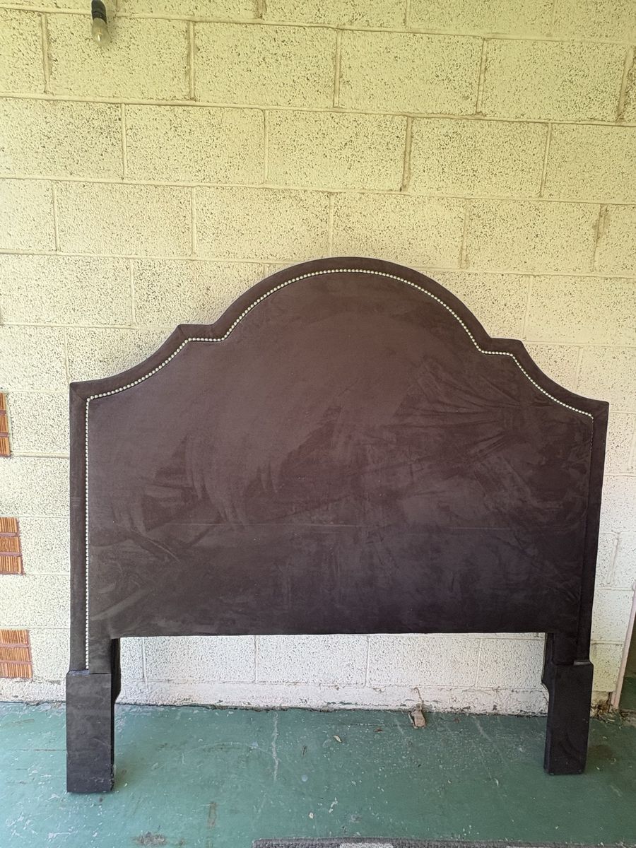 Upholstered Queen Size Headboard - Arched Velvet with Silver Nailhead Trim