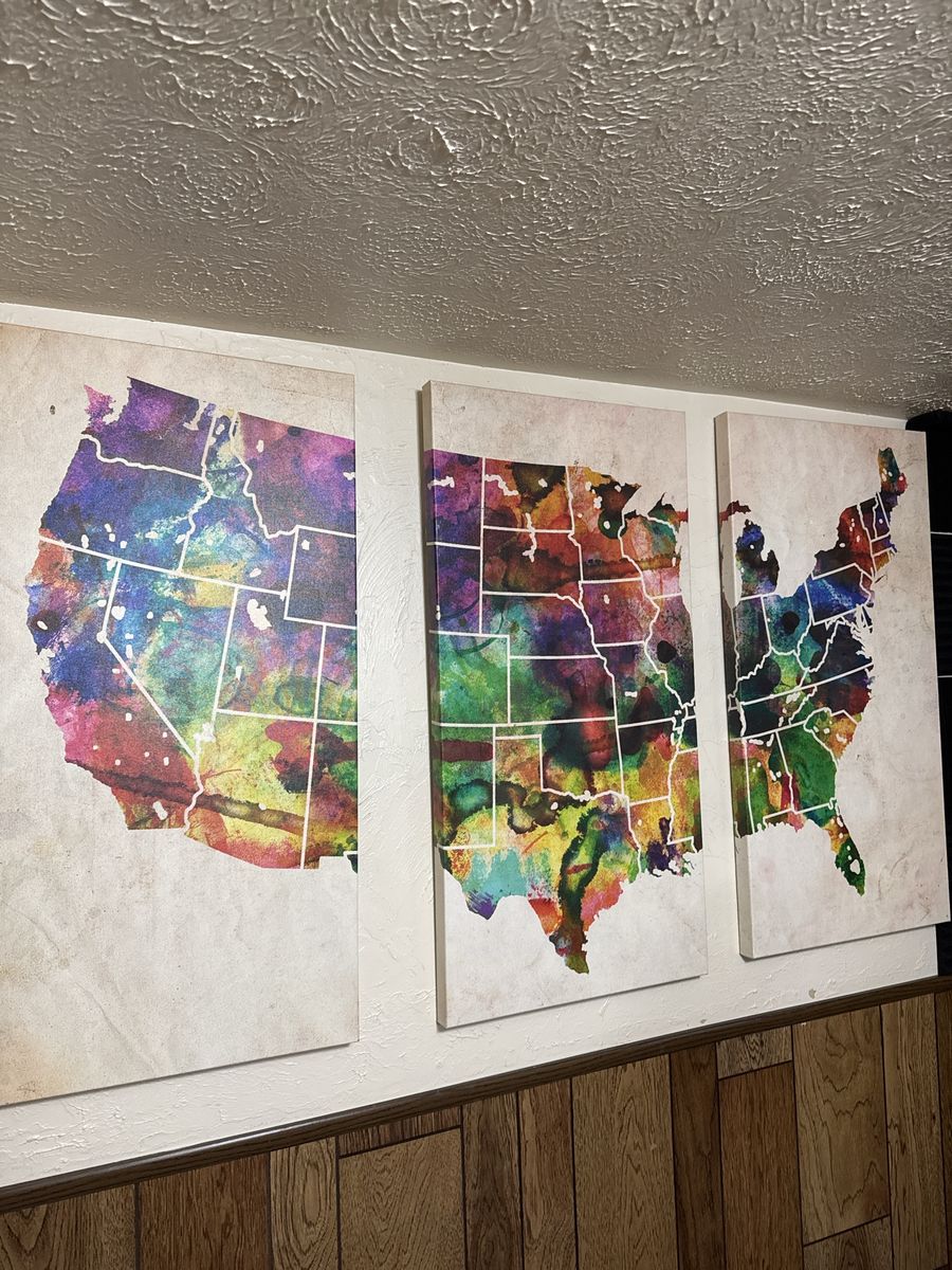 3-Piece Watercolor USA Map Canvas Wall Art Set