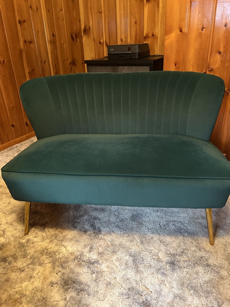 Elegant Green Velvet Loveseat Sofa Couch with Gold Legs - Excellent Condition