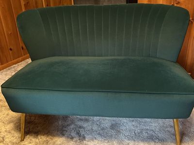 Elegant Green Velvet Loveseat Sofa Couch with Gold Legs - Excellent Condition