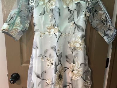 Elegant Floral Print Sheer Overlay Dress - White/Grey/Cream, Short Sleeve, Zipper Closure (Adult Medium)