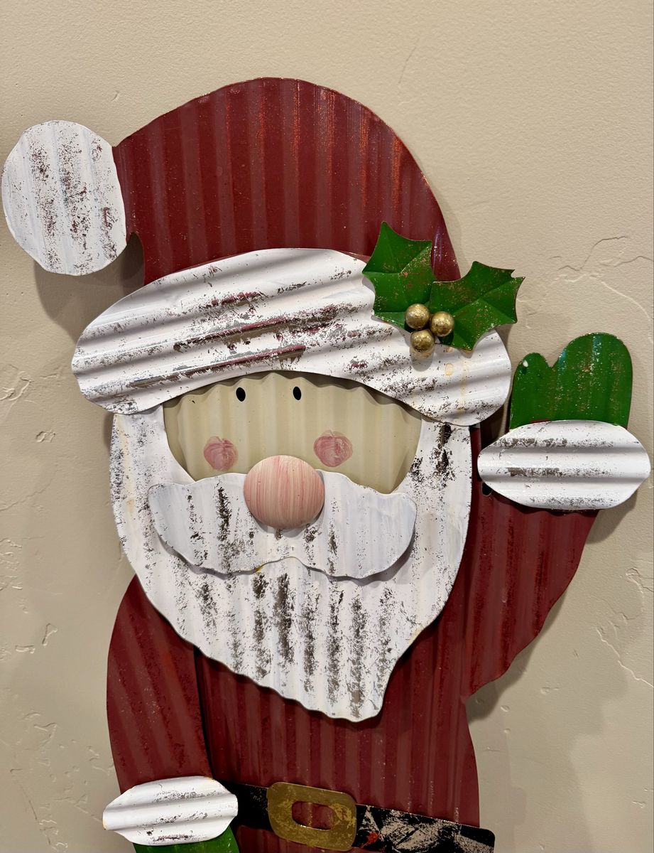 Country Christmas Corrugated Metal Santa Decoration - 36" Tall, Excellent Condition
