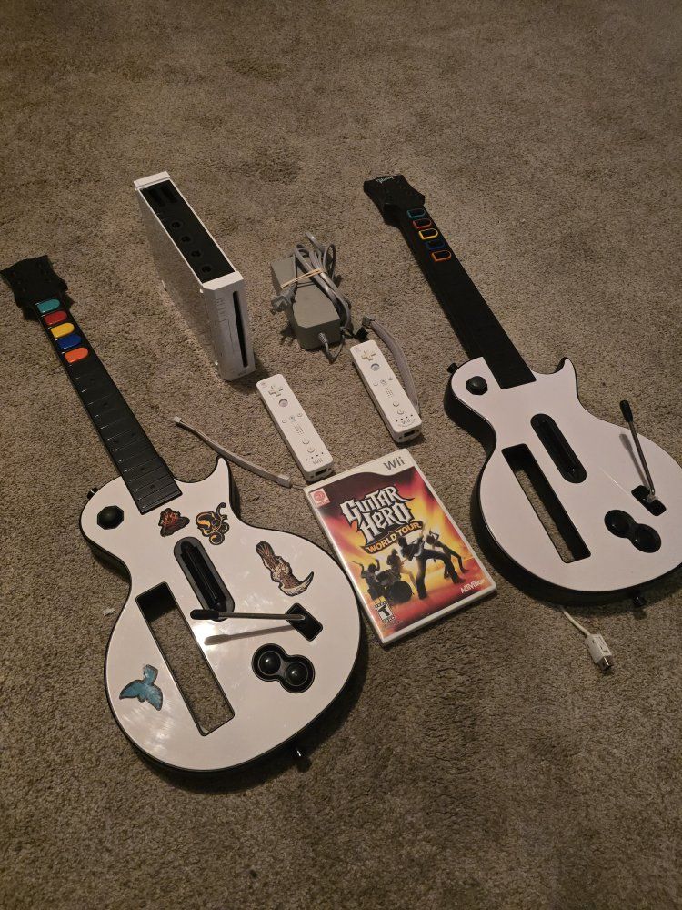 Nintendo Wii Console Bundle with 2 Guitar Hero Controllers, Remotes, Cables & World Tour Game