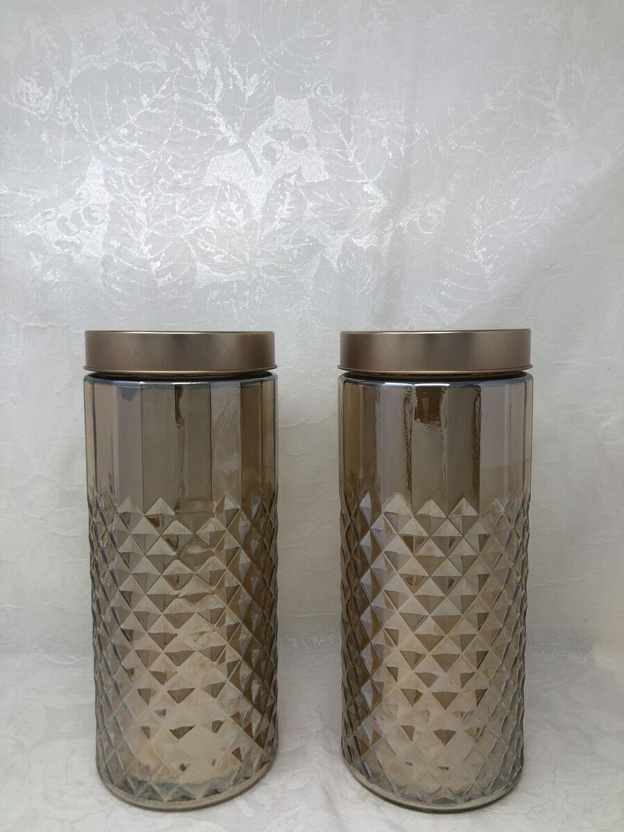 Set of 2 Decorative Gold Glass Jars with Lids – Textured Pattern Accent Decor