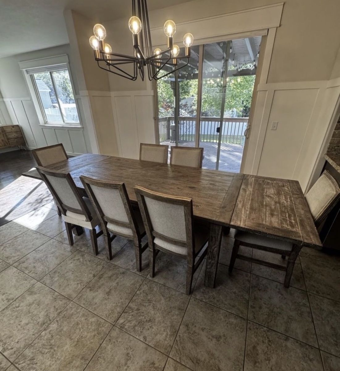 Rustic Farmhouse Style Extendable Dining Table with 8 Chairs - Weathered Wood Finish