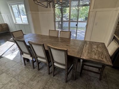 Rustic Farmhouse Style Extendable Dining Table with 8 Chairs - Weathered Wood Finish