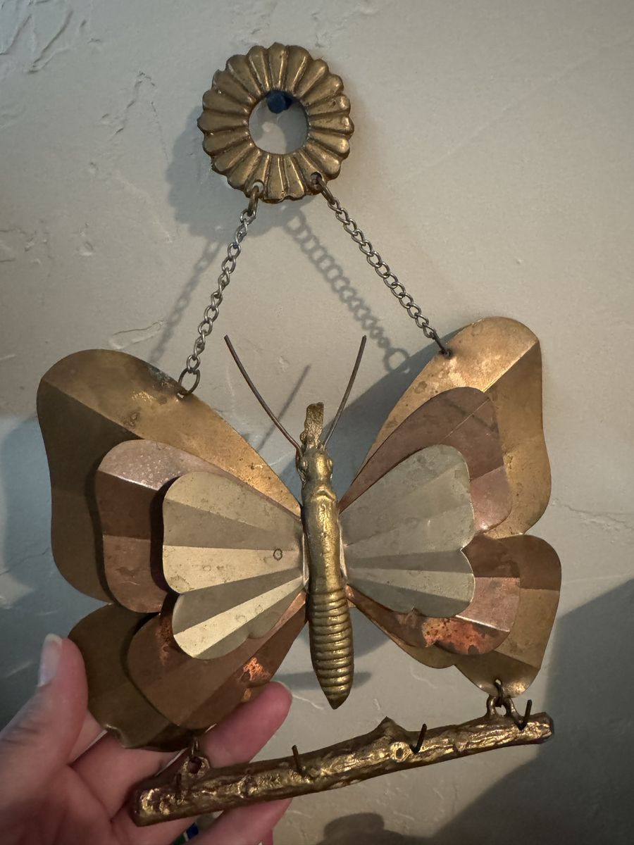 Vintage MCM Mixed Metals Butterfly Wall Decor with Key Hooks