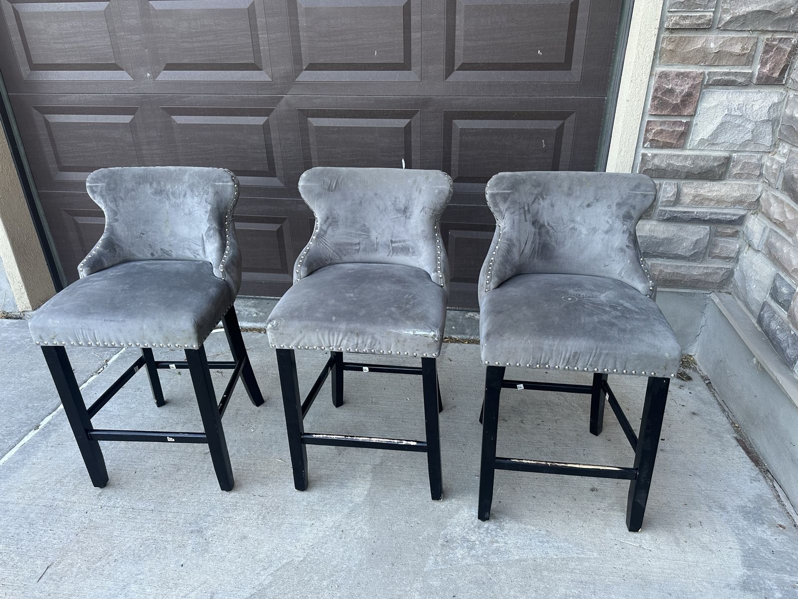 Set of 3 Gray Velvet Upholstered Bar Stools with Black Legs