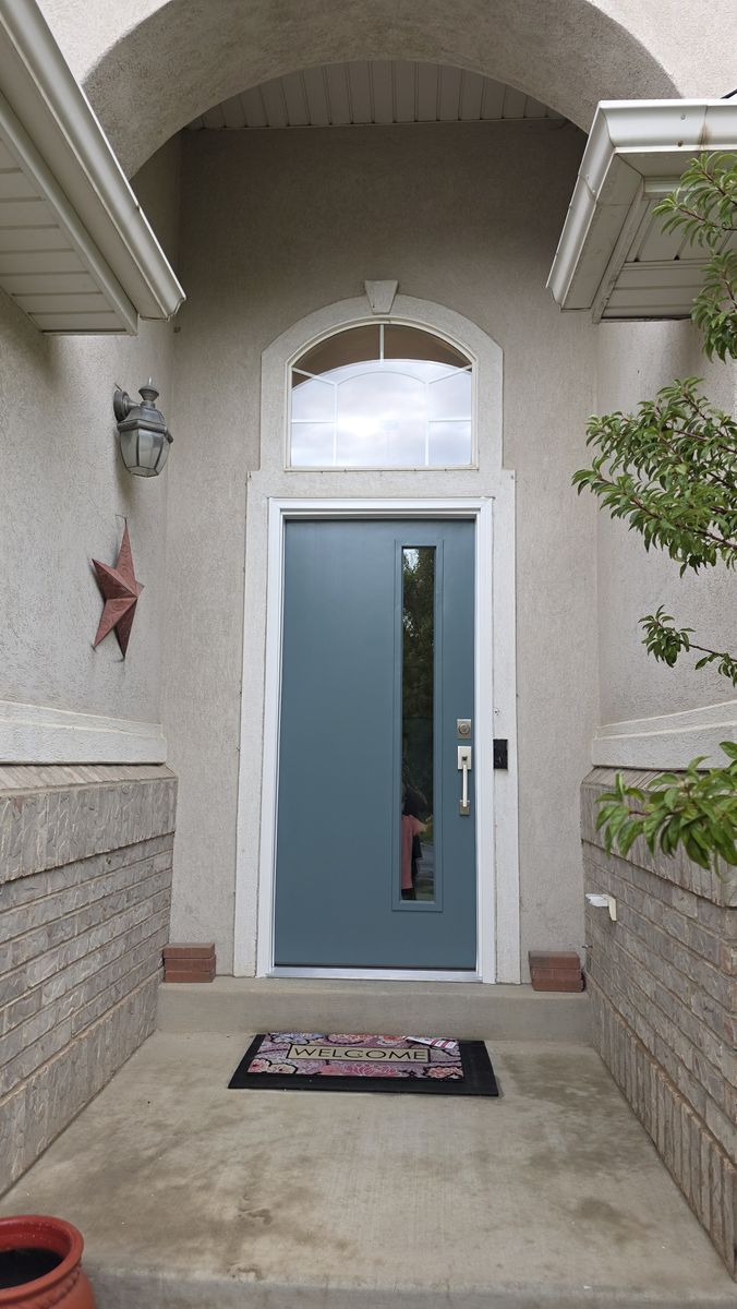 Front door Therma-Tru Fiberglass Insulated Front Door w/ Tall Glass Panel – $850