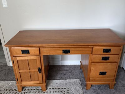 Oak Finish Wood Office Desk with Cabinet & Drawers - Home or Office Study Table