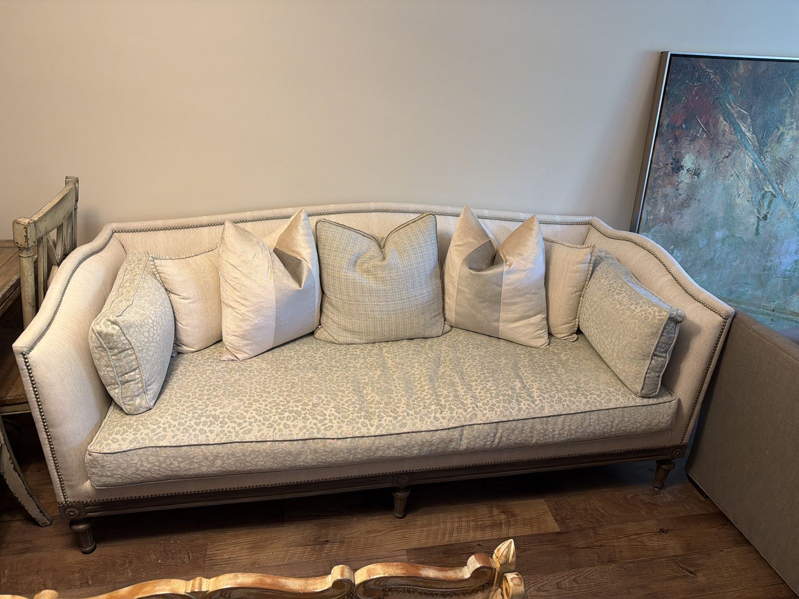 Elegant French-Style Sofa — Neutral Linen with Nailhead Trim