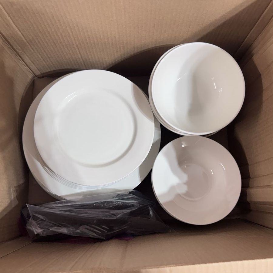 White Dinnerware Set with Black Flatware - Dishes, Bowls & Utensils