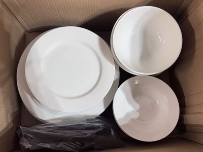White Dinnerware Set with Black Flatware - Dishes, Bowls & Utensils