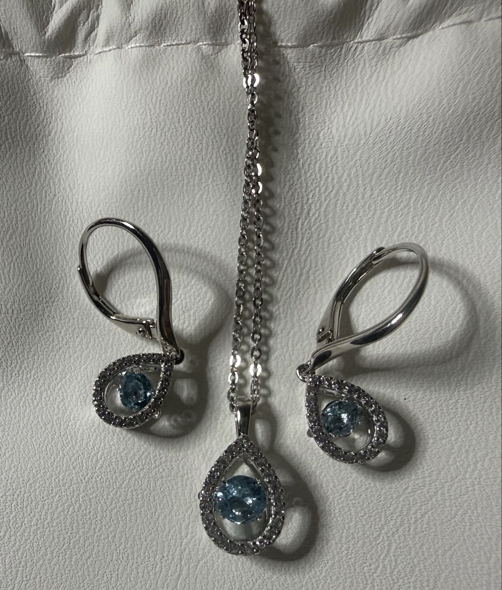 Sterling Silver Pear Cut Aquamarine & Diamond Halo Necklace & Leverback Earrings Set