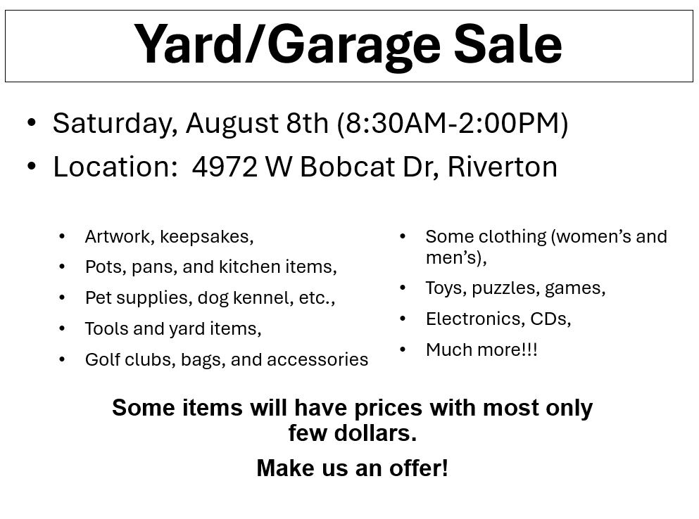 Yard Sale - Saturday, August 8th