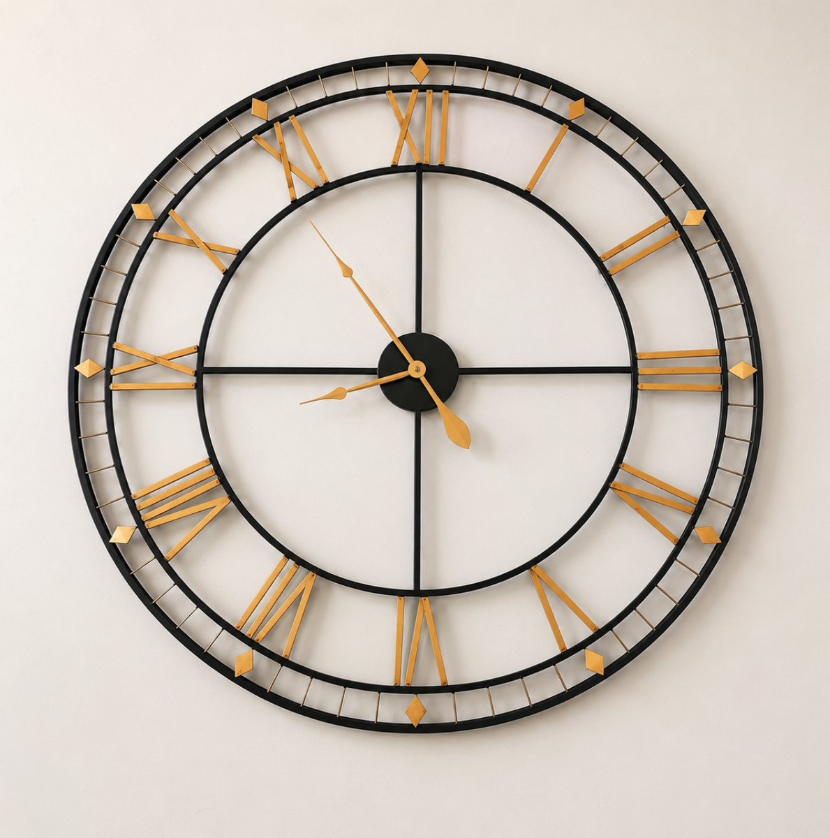 45" Industrial Farmhouse Wall Clock Black Metal Gold Roman