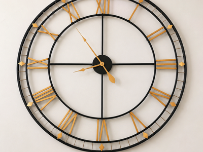 45" Industrial Farmhouse Wall Clock Black Metal Gold Roman