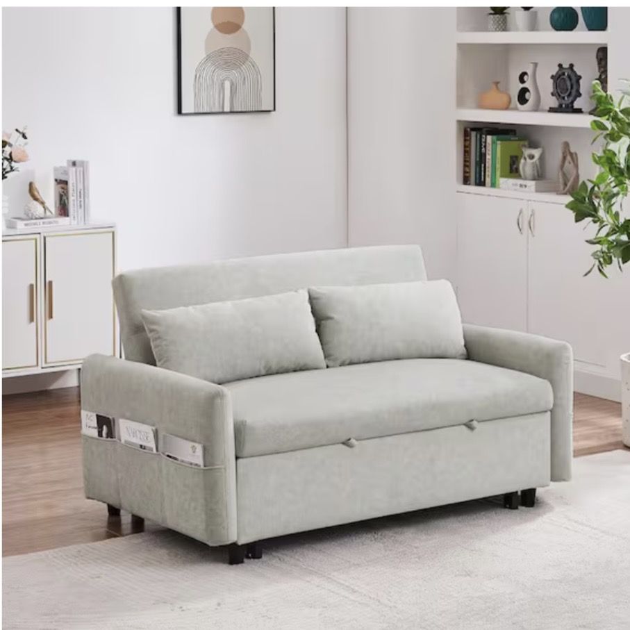 Nestfair 55.1 in. Beige 2-Seater Convertible Pull Out Sofa Bed with Storage Pockets, 2 Pillows and USB Ports