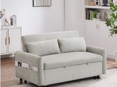 Nestfair 55.1 in. Beige 2-Seater Convertible Pull Out Sofa Bed with Storage Pockets, 2 Pillows and USB Ports