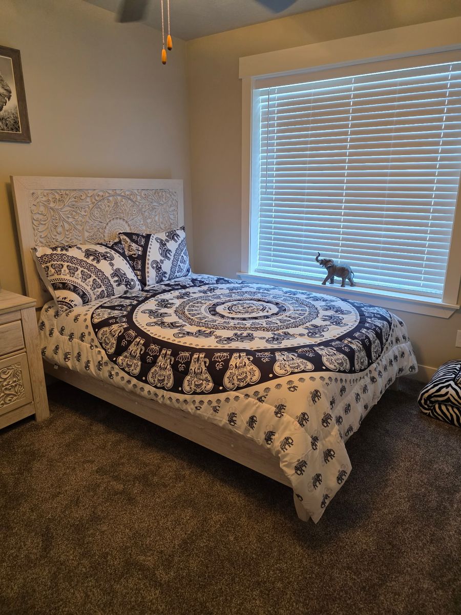 Full size bed frame, mattress, box spring.