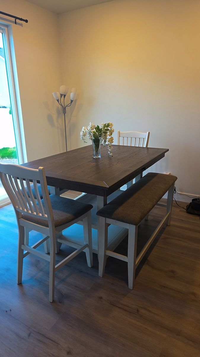 Grey/white table twin benches and chairs