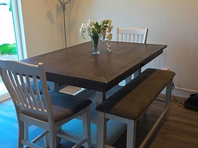 Grey/white table twin benches and chairs