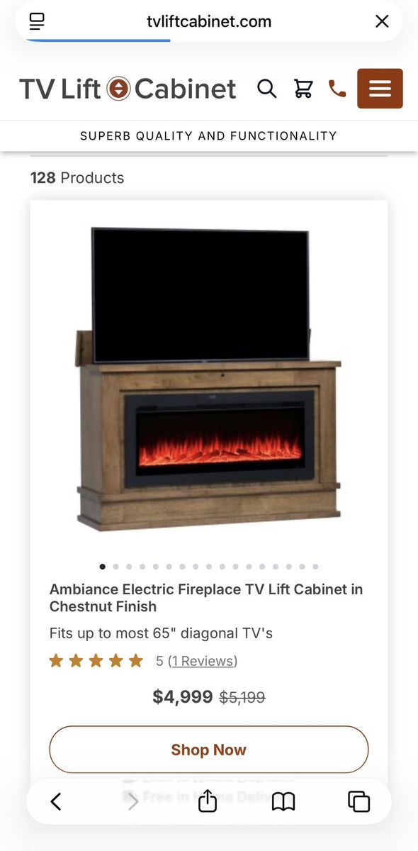 Electric Fireplace TV Lift Cabinet in Chestnut Finish